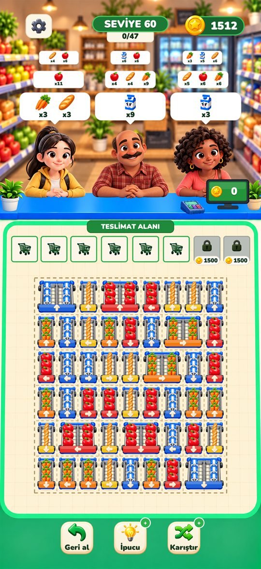 Market Jam puzzle: colour-coded shopping carts and customers at the checkout