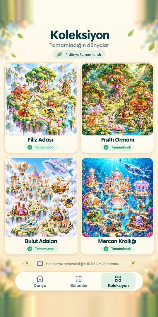 PieceTopia collection album with four completed worlds