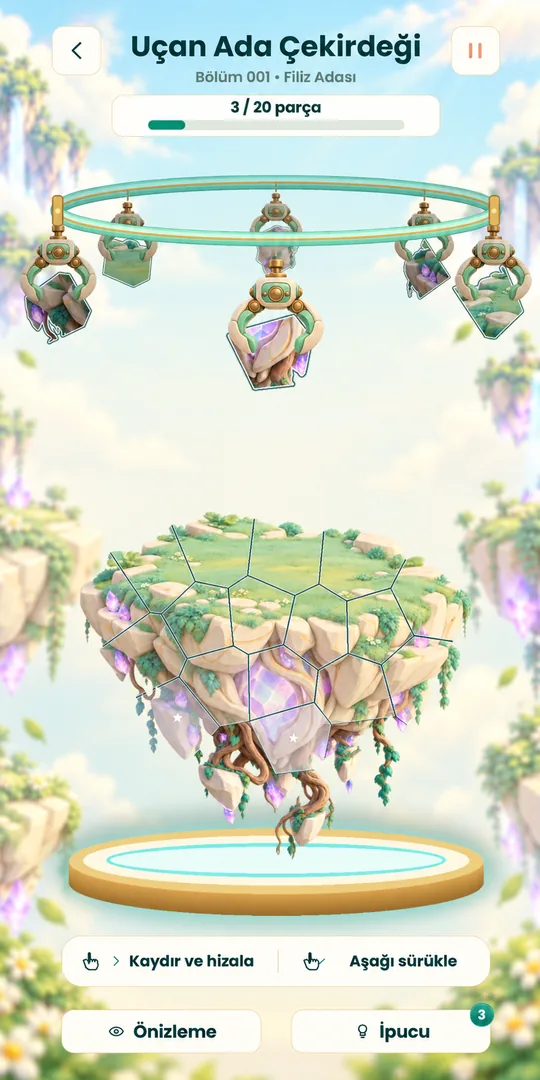 PieceTopia puzzle level: a hook carries pieces of a floating island